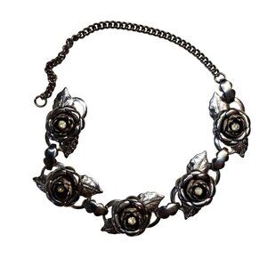 Vintage Silver Tone Rose Flower Bracelet With Rhinestone Accents And Adjustable